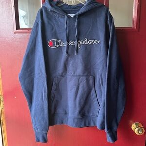 Champion Navy Logo Pullover Hoodie with Red Accent